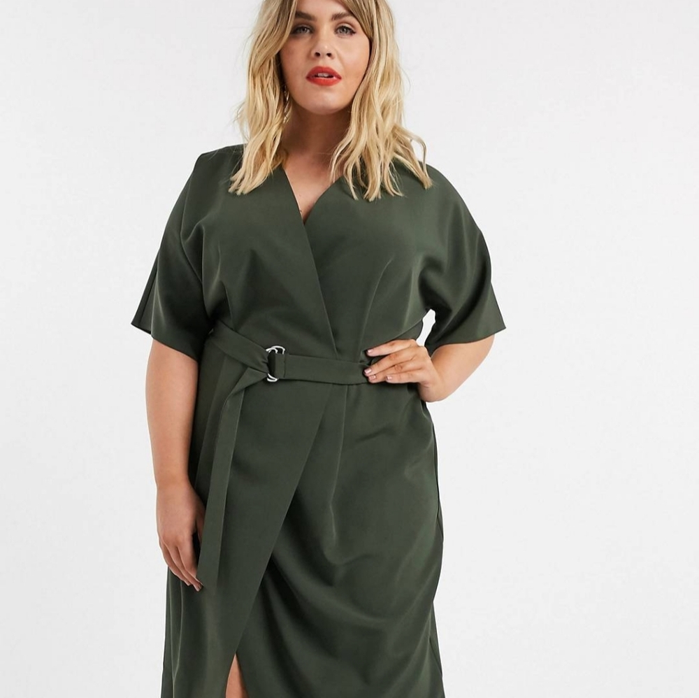ASOS Curve Size 18 Olive Green Faux Wrap Dress